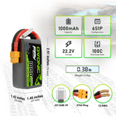 2×OVONIC 22.2V 100C 1000mAh 6S LiPo Battery Pack with XT60 Plug for Freestyle